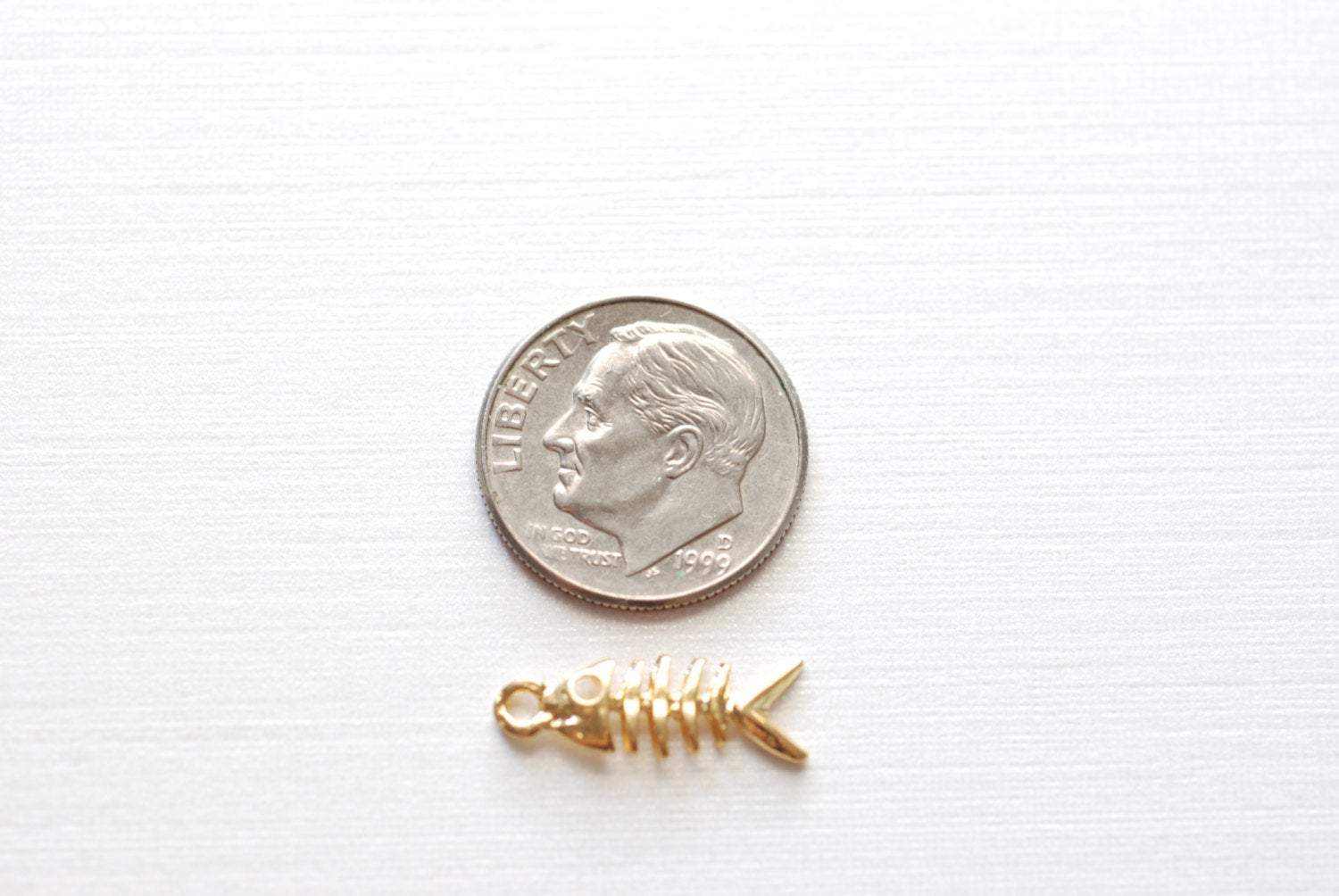 Vermeil gold Fish Skeleton charm Pendant- 22k gold over Sterling Silver Sea life charm, Golden Fish, School of Fish, Beach Ocean Charm, 299 - HarperCrown