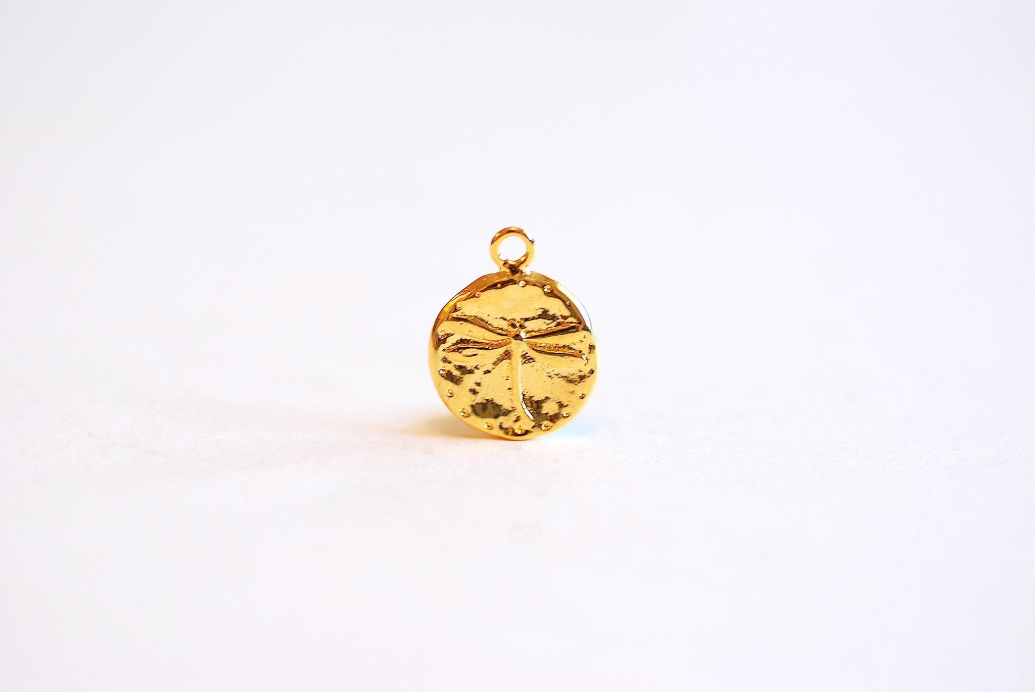 Vermeil Gold or Sterling Silver Dragon Fly Charm- 22k Gold plated over Sterling Silver, Dragonfly Circle Charm, Round Disc, Gold Coin, 407 - HarperCrown