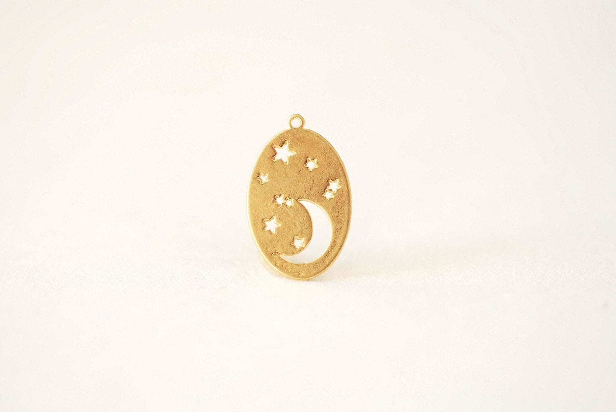 Vermeil Gold or Sterling Silver Oval Crescent Moon and Star Charm Pendant Cut Moon Night Sky Starry Night Waning Moon Twinkle Star [546] - HarperCrown