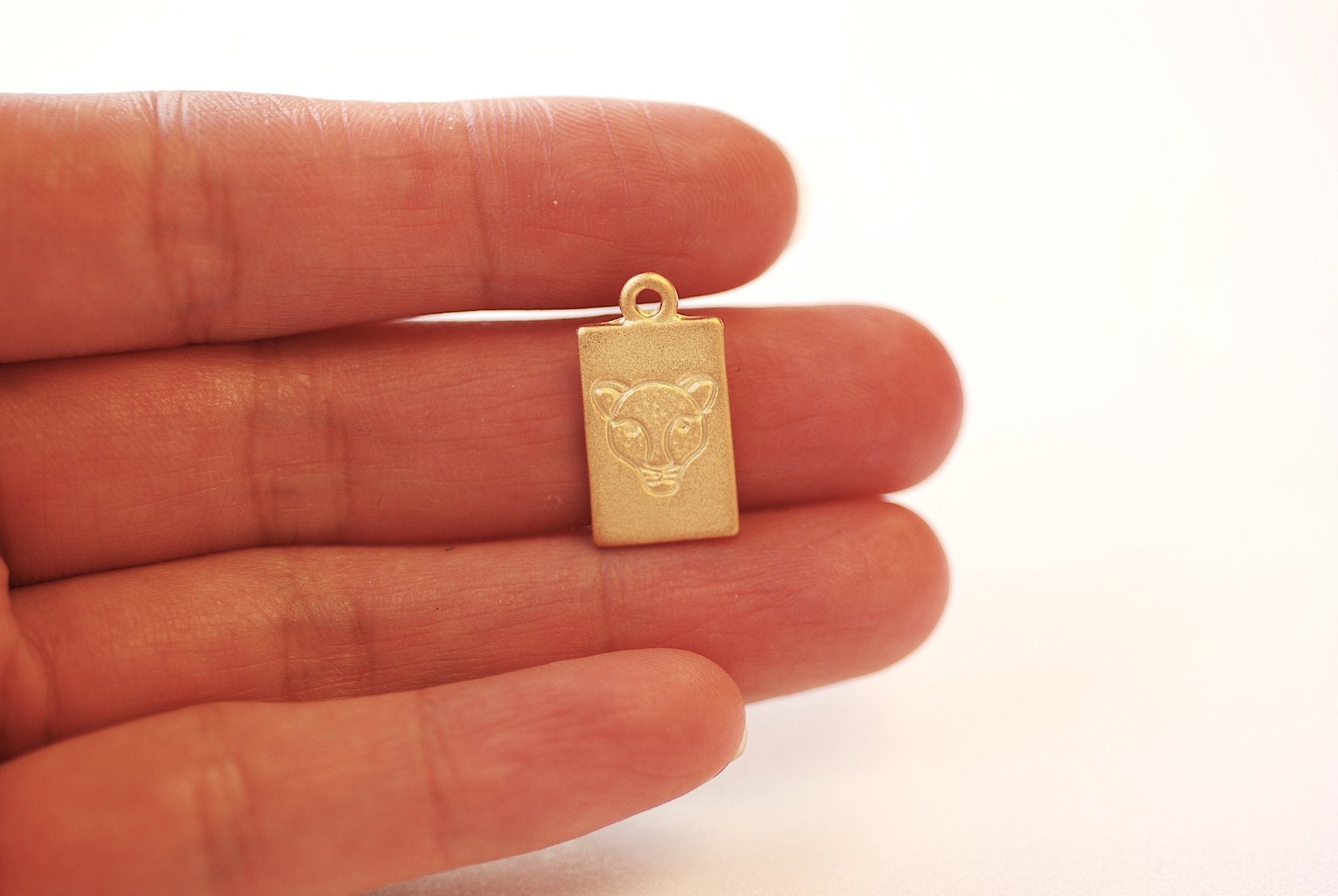 Vermeil Gold Rectangle Tiger Face Charm - 18k Gold plated 925 Sterling Silver Tiger Pendant, Lion Jaguar Panther Cat Bobcat Animal, J423 - HarperCrown