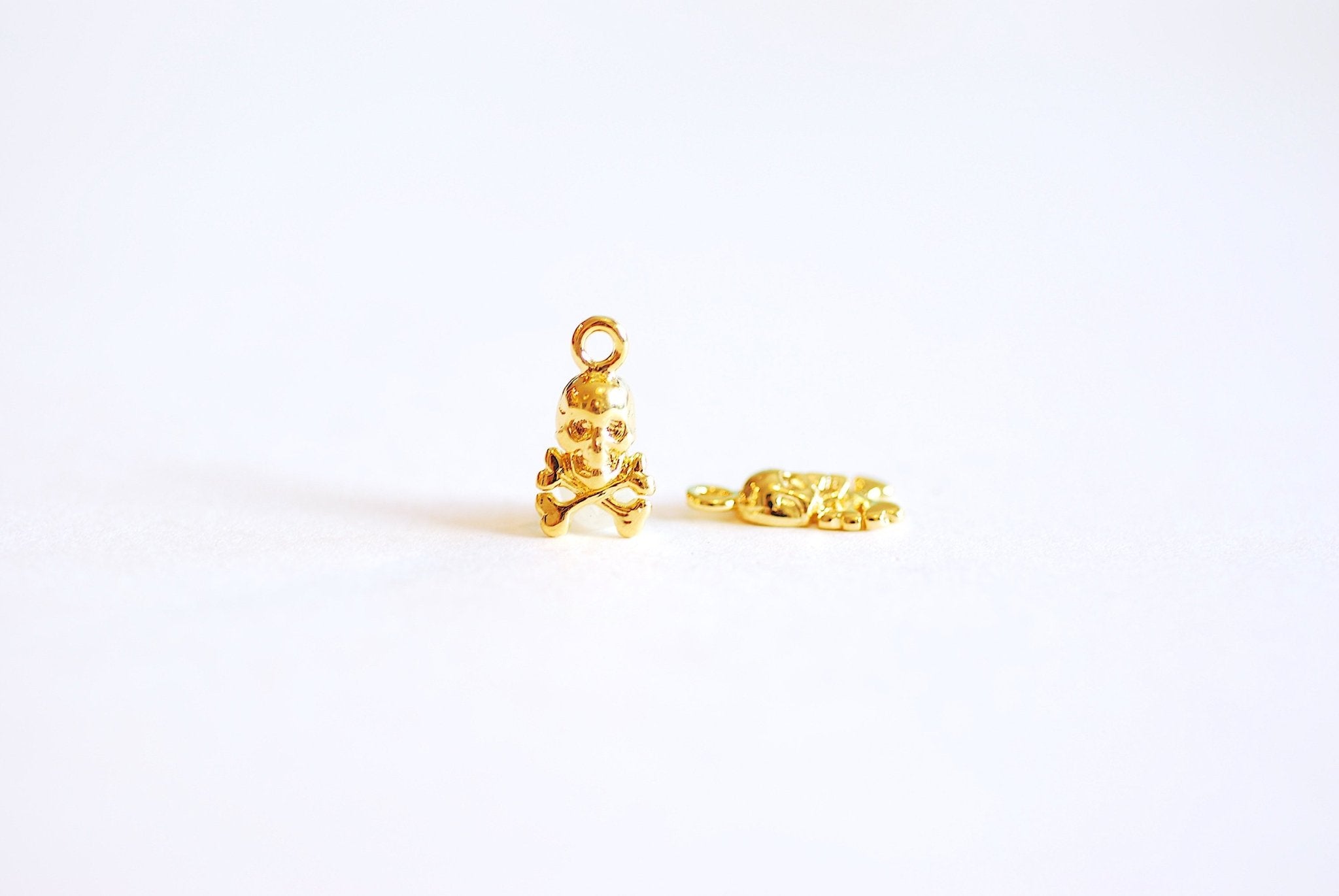 Vermeil Gold Skull and Bones Charm- 22k Gold plated over 925 Sterling Silver, Gold Skull Charm, Halloween Skull, Pirate, Tropical, Head, 120 - HarperCrown