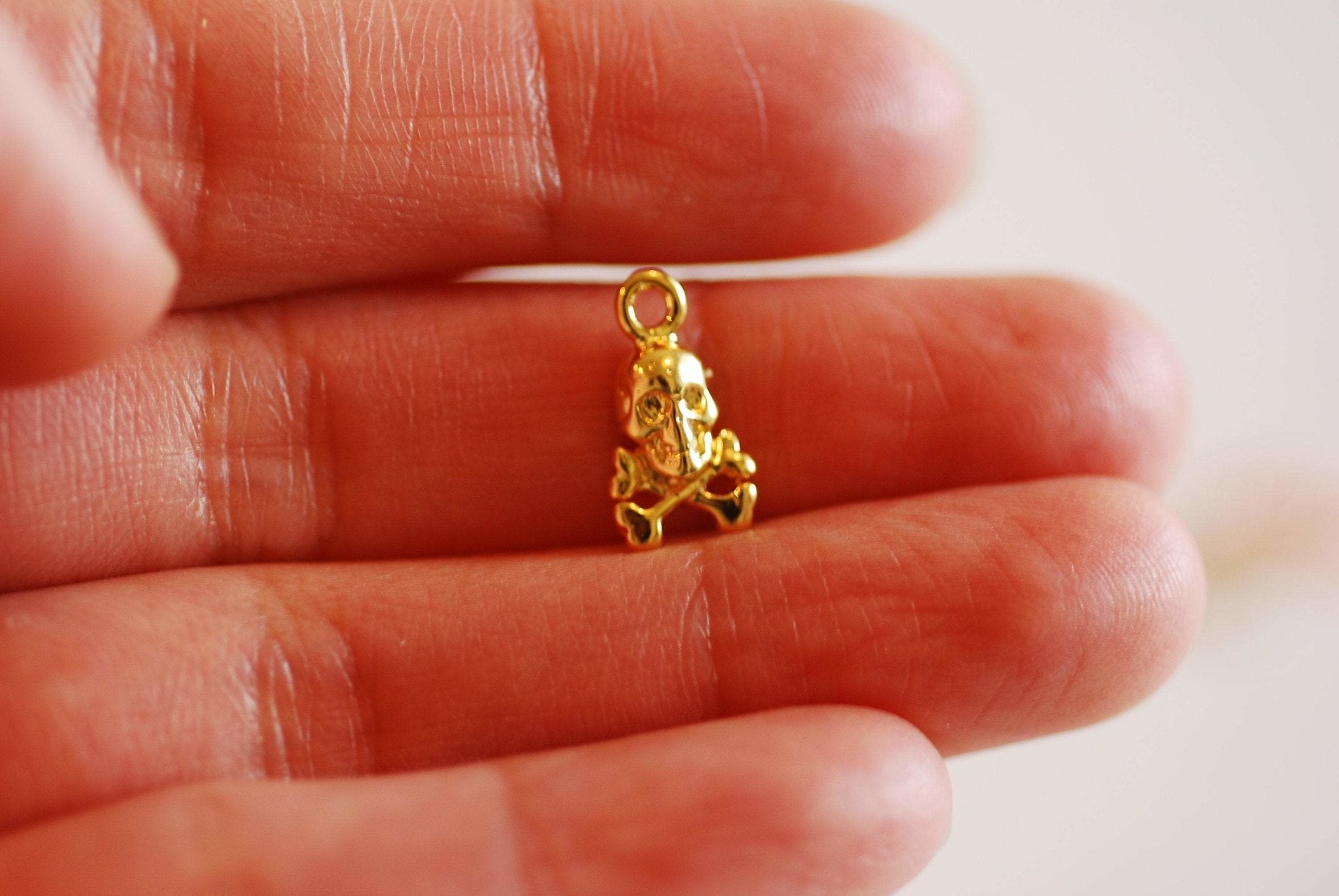 Vermeil Gold Skull and Bones Charm- 22k Gold plated over 925 Sterling Silver, Gold Skull Charm, Halloween Skull, Pirate, Tropical, Head, 120 - HarperCrown