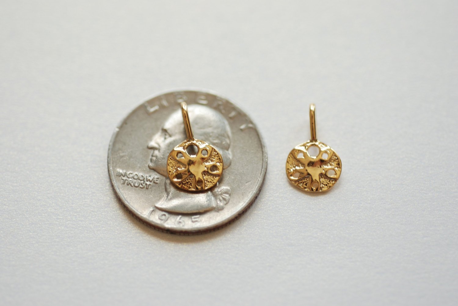 Vermeil Gold Small Sand Dollar Charm Attached Bail- 18k gold plated over Sterling Silver, sea shell creature pendant, Golden Sea shell, 188 - HarperCrown