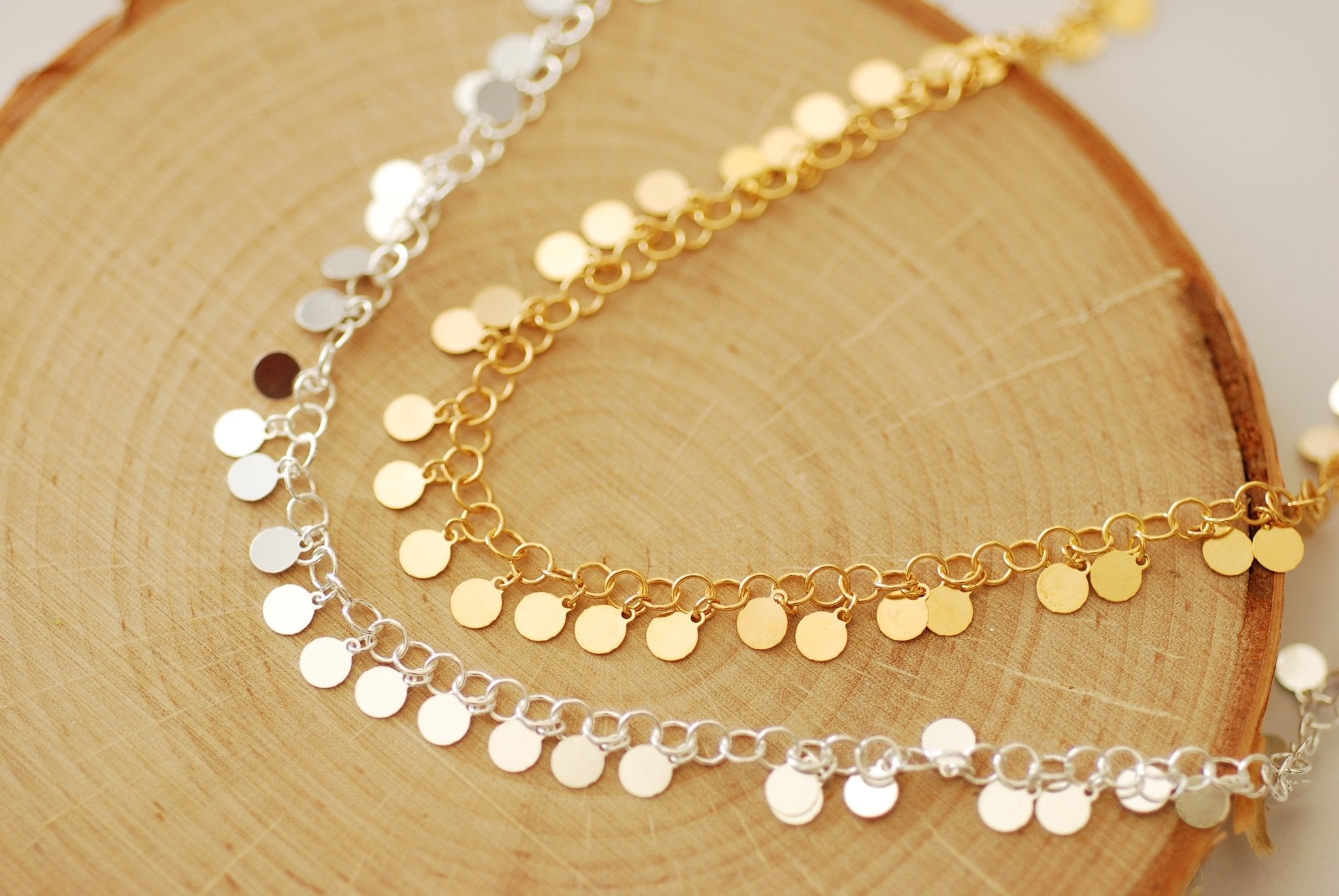 4mm Round Drop Disc Chain, Gold-Plated or Sterling Silver, Bulk Pay Pe