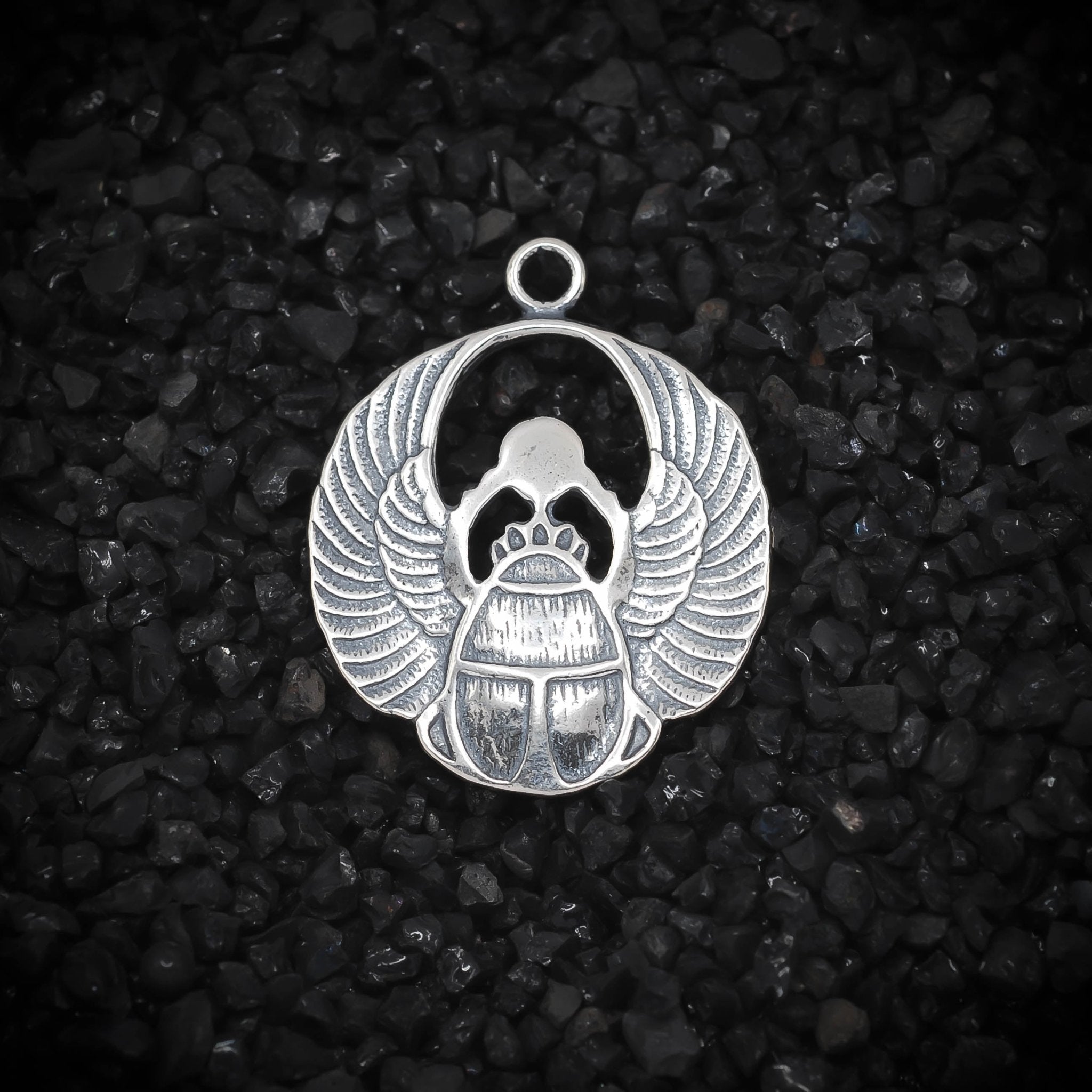 Winged Scarab Beetle Ancient Egyptian Circle Charm | 925 Sterling Silver, Oxidized or 18K Gold Plated | Jewelry Making Pendant - HarperCrown