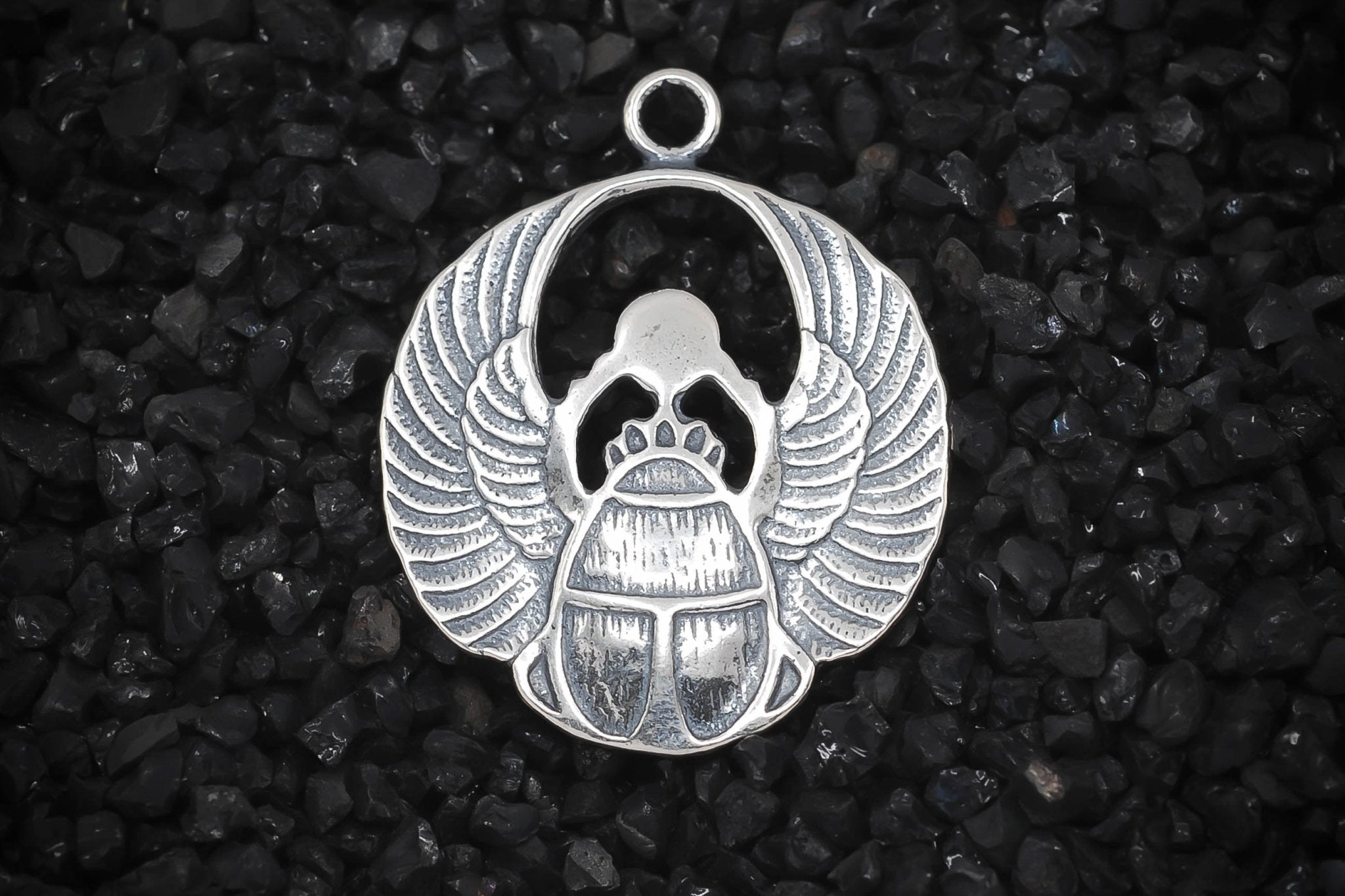 Winged Scarab Beetle Ancient Egyptian Circle Charm | 925 Sterling Silver, Oxidized or 18K Gold Plated | Jewelry Making Pendant - HarperCrown