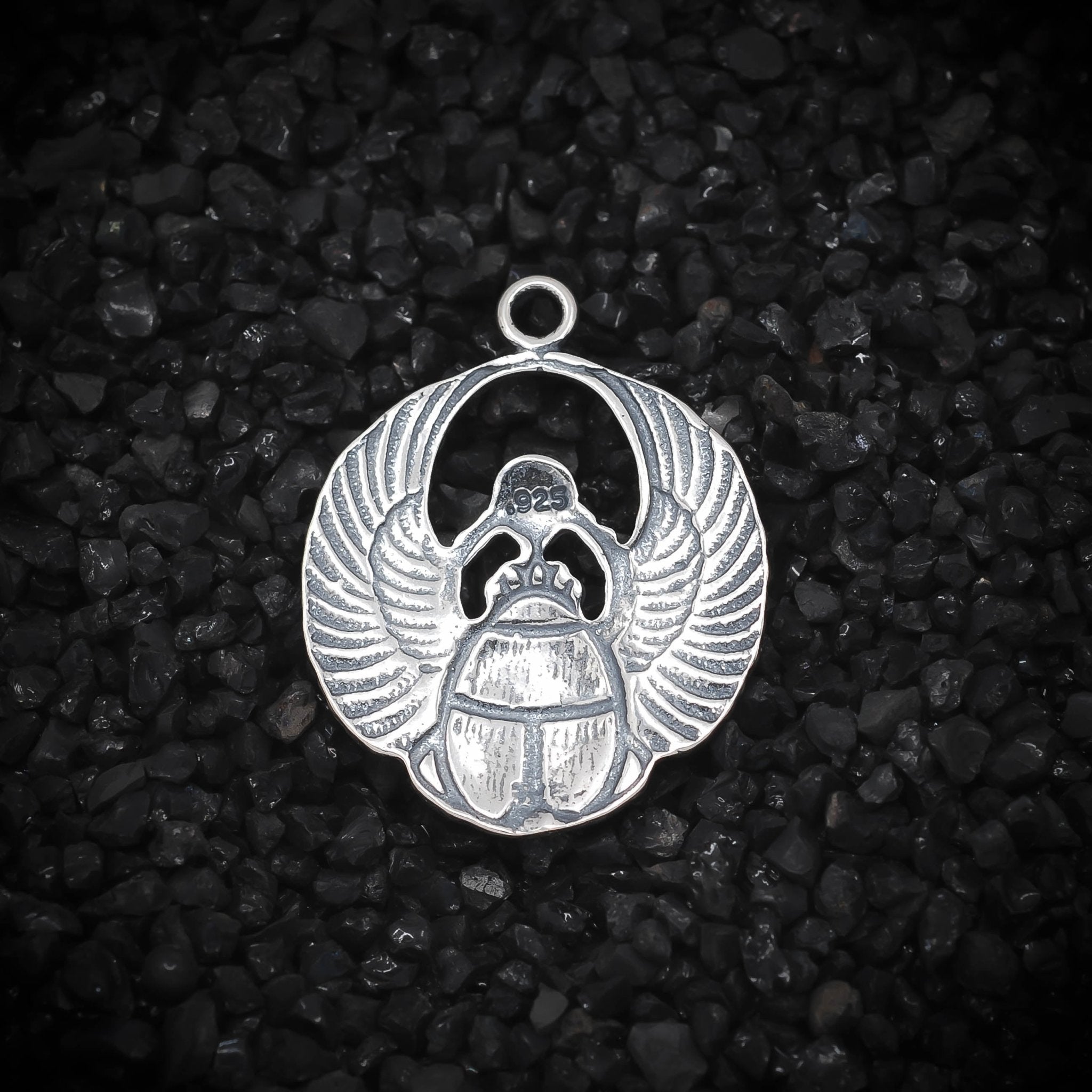 Winged Scarab Beetle Ancient Egyptian Circle Charm | 925 Sterling Silver, Oxidized or 18K Gold Plated | Jewelry Making Pendant - HarperCrown