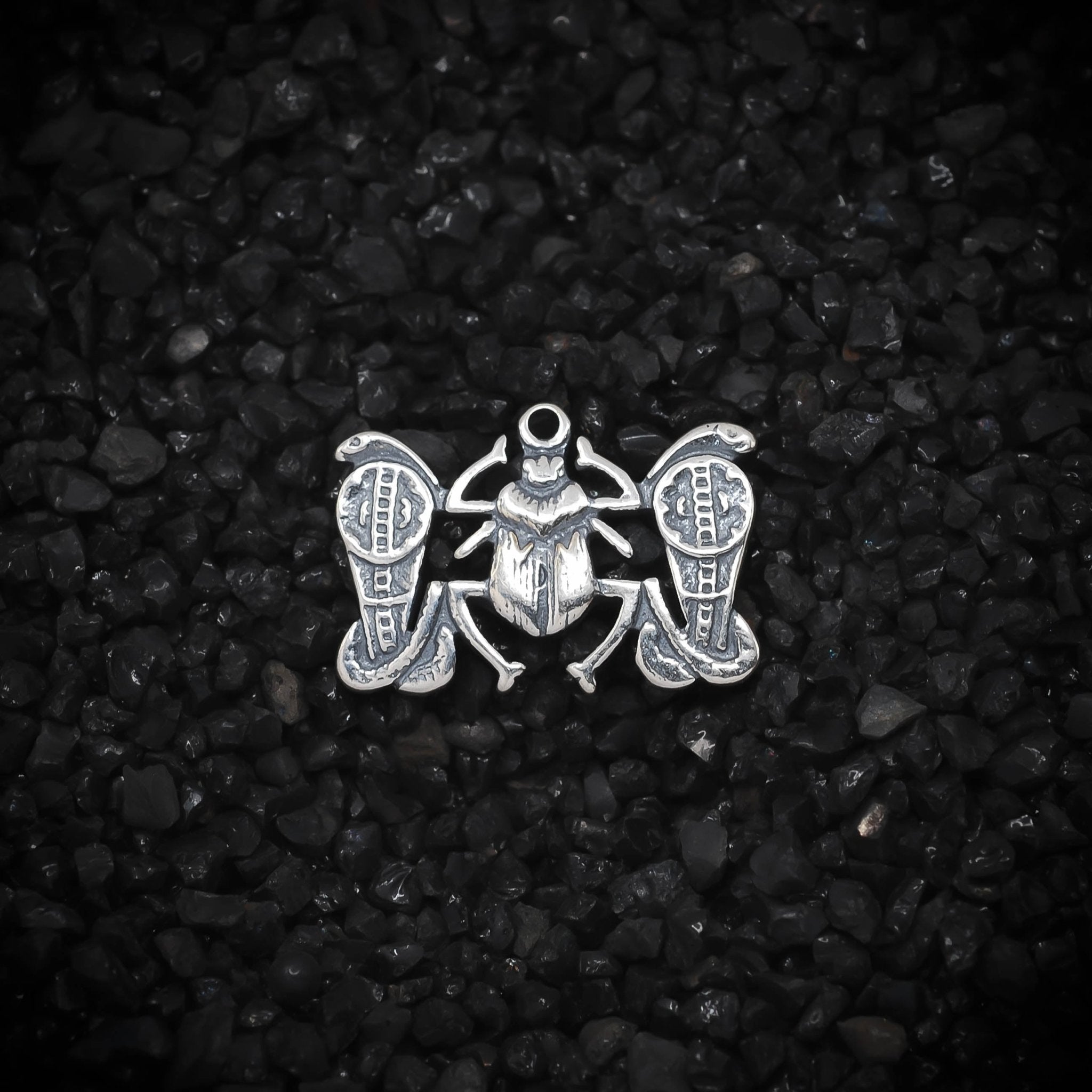 Winged Scarab Beetle with Cobra Snakes Ancient Egyptian Charm | 925 Sterling Silver, Oxidized or 18K Gold Plated | Jewelry Making Pendant - HarperCrown