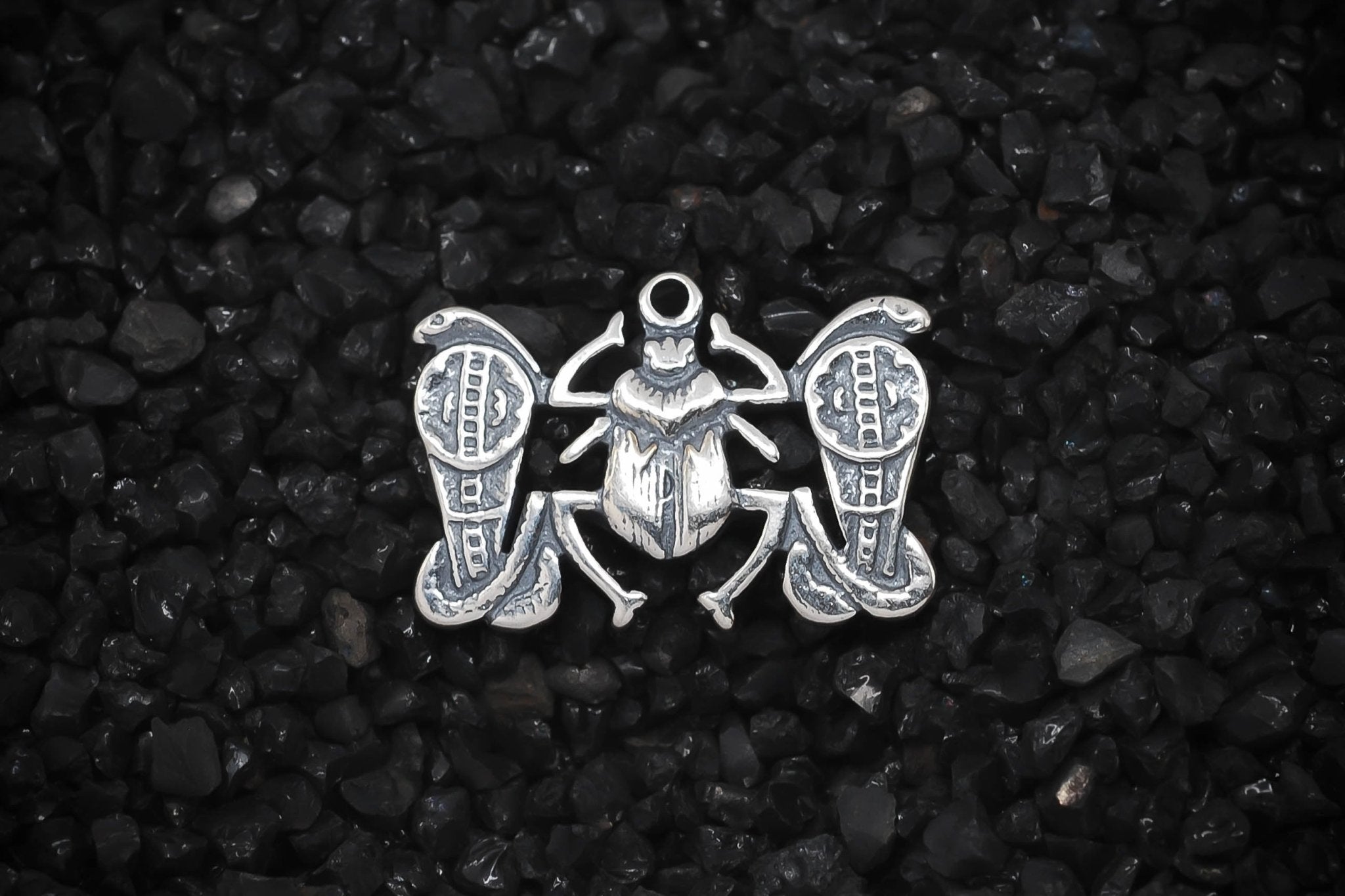 Winged Scarab Beetle with Cobra Snakes Ancient Egyptian Charm | 925 Sterling Silver, Oxidized or 18K Gold Plated | Jewelry Making Pendant - HarperCrown